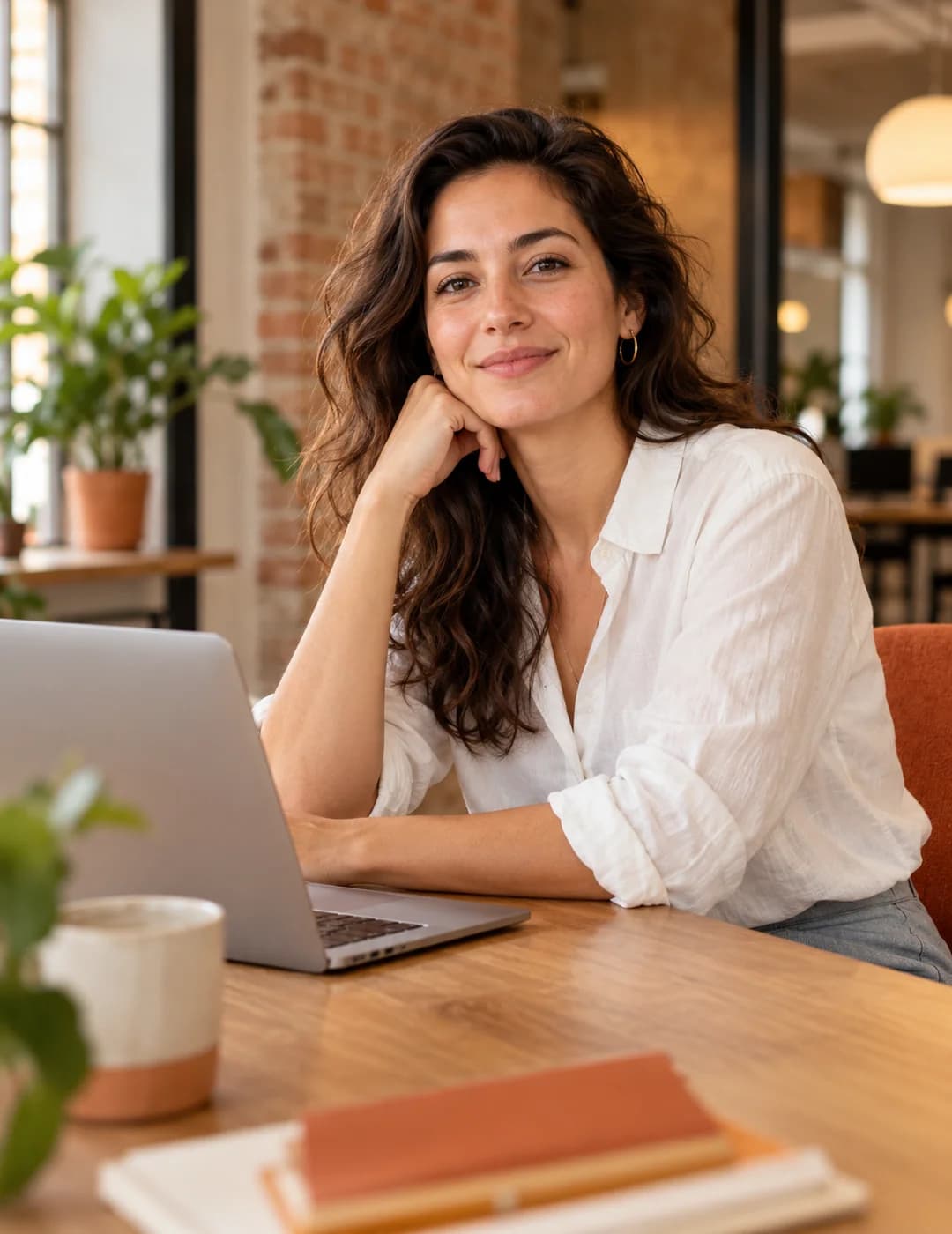 Lachende professional aan het werk achter een laptop