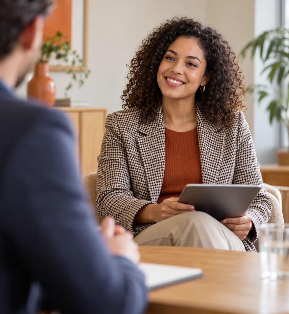 Lachende kandidaat tijdens een sollicitatiegesprek